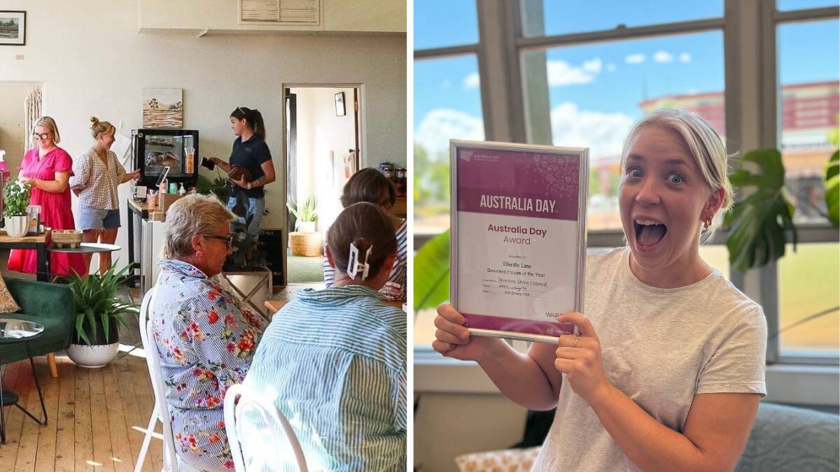 Pip Storer (right) holding the Australia Day awards for Business House of the Year, and (right) people having coffee at Ellerslie Lane, Warren. Pictures supplied