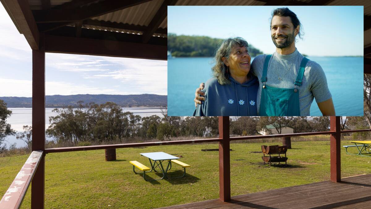 Reflections Holiday Park Lake Burrendong and (inset) Reflections Aboriginal Engagement Officer Cheryl Newton with Worimi artist Tyson Jolly, who is involved in the cultural program at Jimmys Beach. Pictures supplied