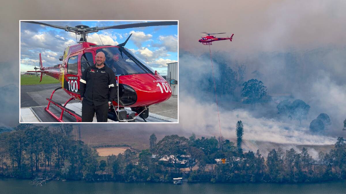 Microflite pilot Adam Cassin (inset), and loading a bucket of water to dump on a fire at Taree in 2019 during the Black Summer bushfires. Pictures supplied