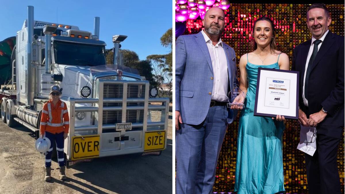 Driver-operator Stephanie Arpasi stands in front of her truck (left) and winning the National Road Transport Association's Youth Employee of the Year award. Pictures supplied