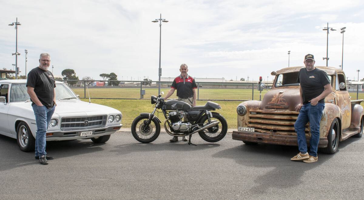 Nick Pahlow with his 1973 HQ Premier, Max Robinson with his 1972 Honda 750 and Matt Rendell with his 1951 Chev. Picture by Belinda Soole