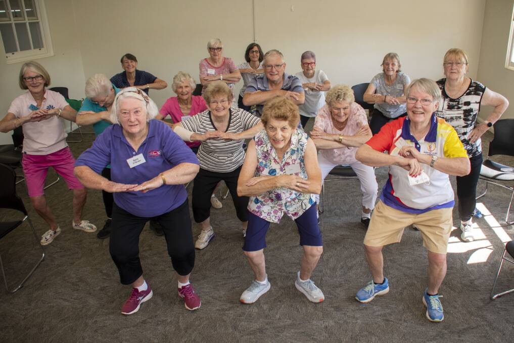 Barbara O'Brien (front, left) in her gentle exercise class led by Barbara Ward at the Dubbo Community Arts building each Monday. Picture by Belinda Soole