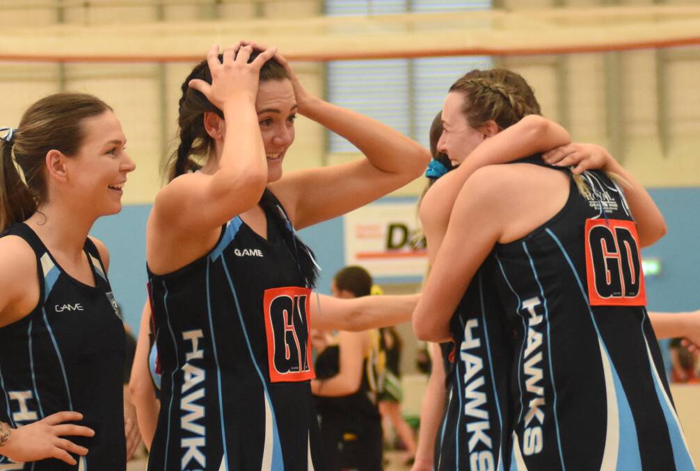 Mel McNamara was in disbelief after her Hawks SMP Tiling pulled off the upset in the Orange Netball Association division two grand final. Picture by Riley Krause