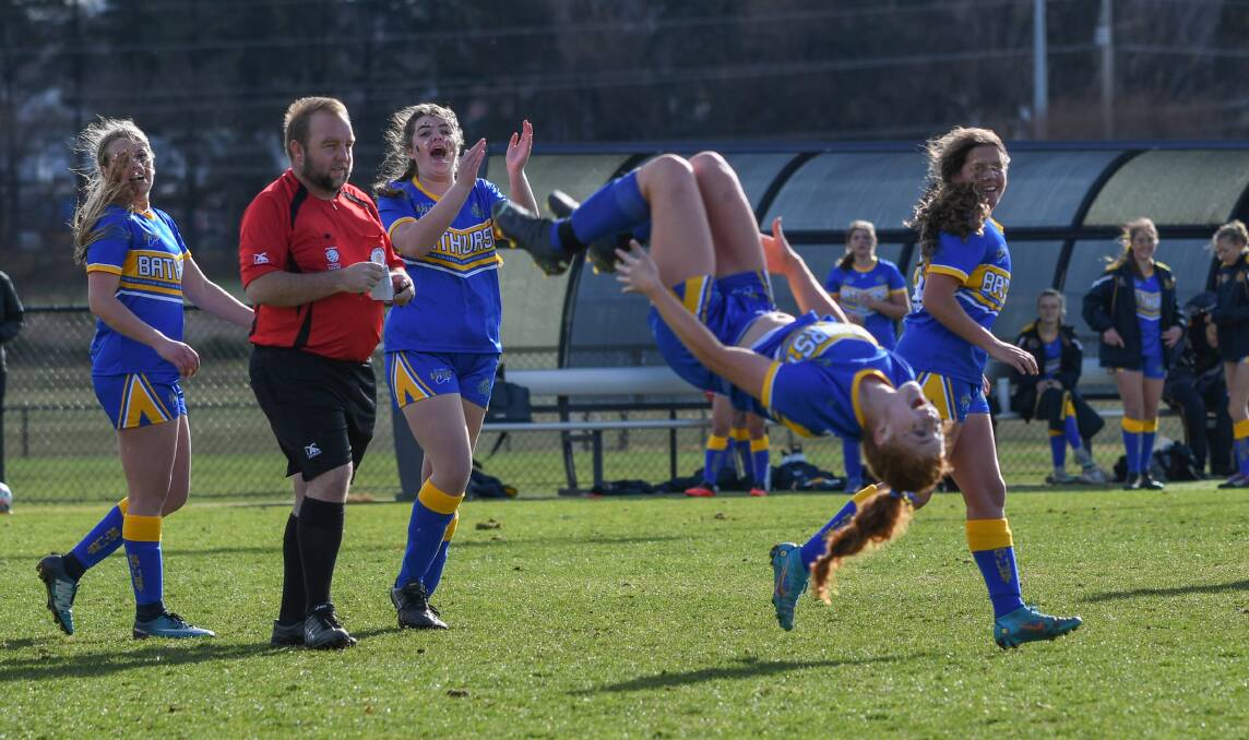 Poppy Channing celebrates her second goal of the game. Picture by James Arrow.