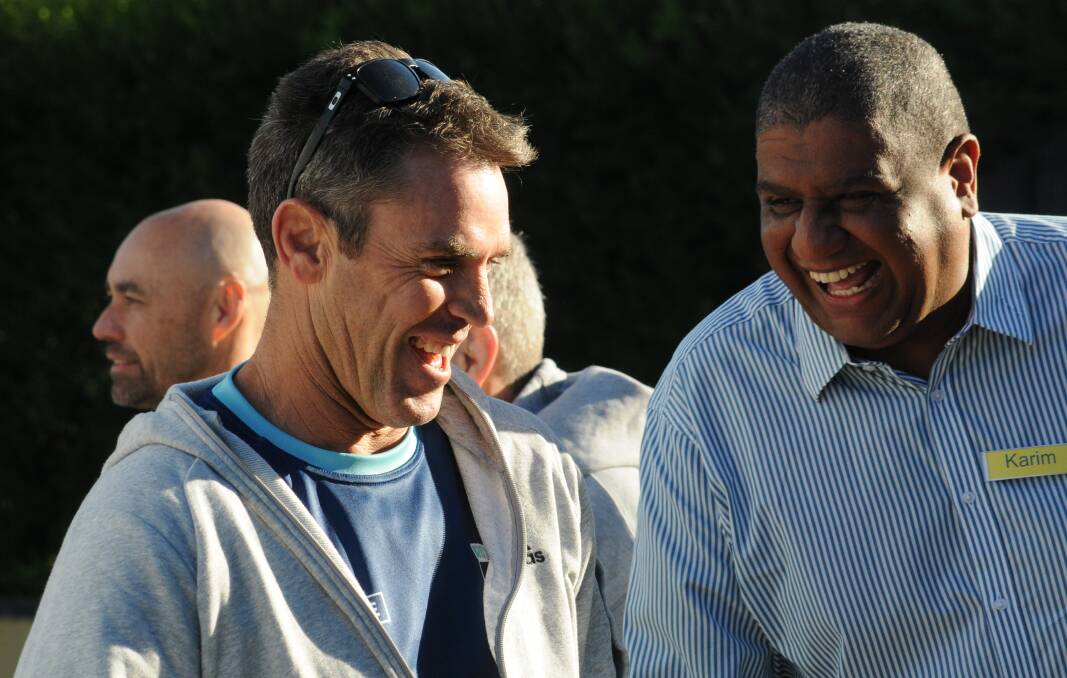 Brad Fittler (left) was enjoying the chance to be part of Royce's Big Walk again at Dubbo on Tuesday. Picture by Nick Guthrie