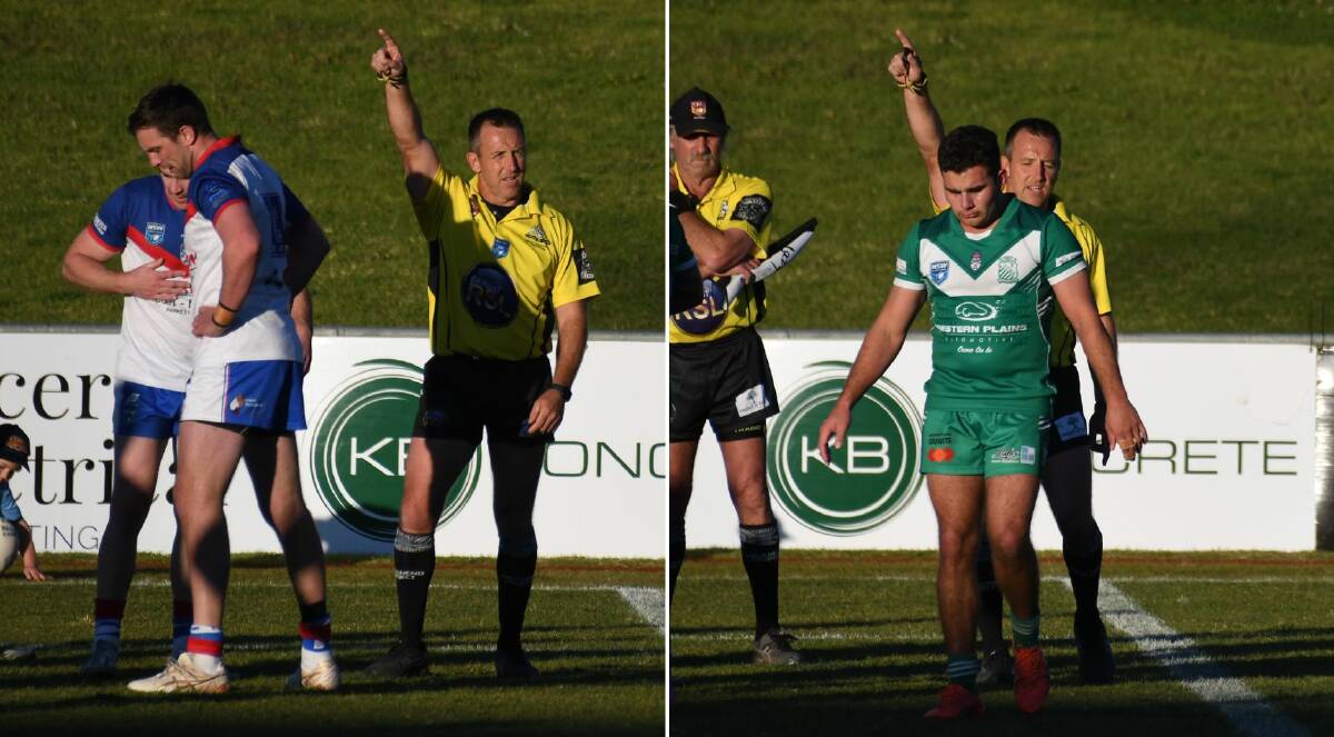 Referee Justin Walker sent off both Jake Dooley (left) and Alex Bonham at Apex Oval on Sunday. Pictures by Nick Guthrie