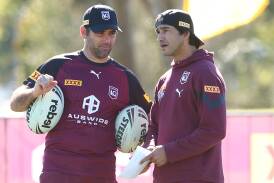 Cameron Smith (left) and Jonathan Thurston at Queensland Origin training on July 8, 2024. Picture by Chris Hyde/Getty Images