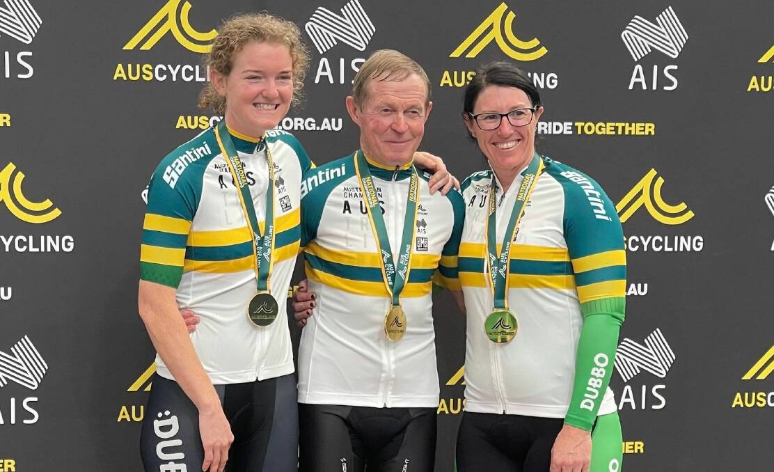 Emily Williams (left) with fellow Dubbo Cycle Club champions Darrell Wheeler and Erica Lunney at the national track championships at Brisbane last year. Picture supplied.