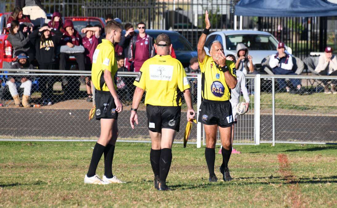 Officials Max McGuire (left), Phil Lindlay and Willy Barnes during the first grade fixture at Wellington on May 19. Picture by Nick Guthrie