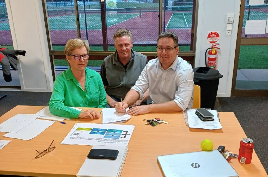 Mandy Wells (club secretary), Andrew Kierath (club president) and Brad Williams (coaching director) taken at the official contract signing between the Paramount Tennis Club and the Dubbo Tennis Academy. Picture supplied