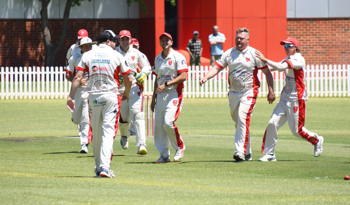 Colts players celebrate one of the 10 Souths wickets to fall last Saturday. Picture by Amy McIntyre