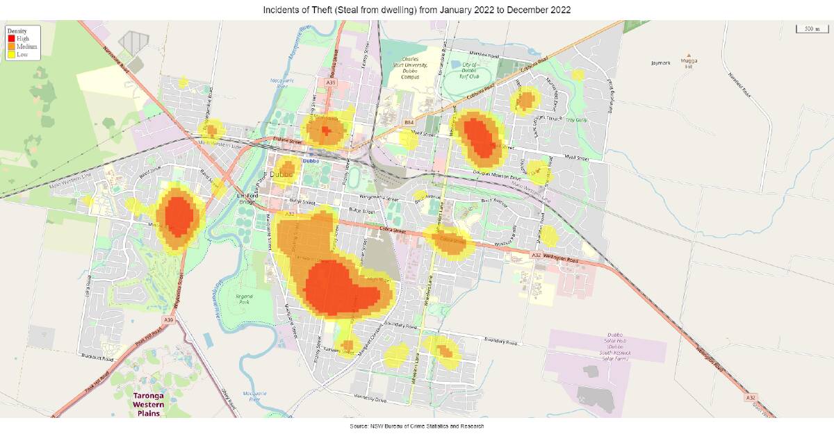 Home break-in frequency around Dubbo. Picture by Bureau of Crime Statistics and Research (BOCSAR)