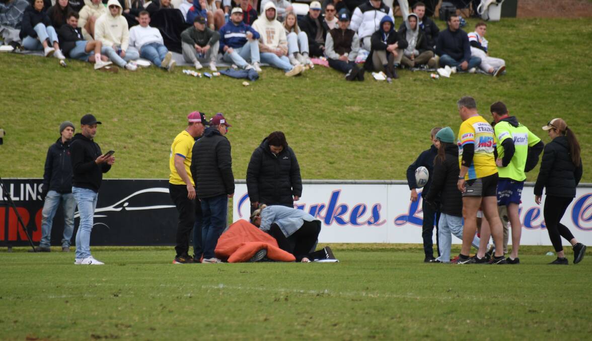 Greg Phillips required ambulance attention after collapsiing at Parkes' Pioneer Oval on Sunday, June 9. Picture by Tom Barber