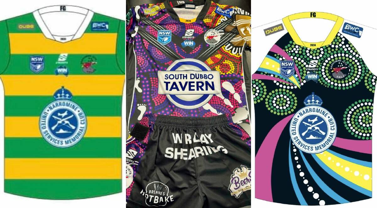 The Old Boys' Day (left), women in league, and charity round jerseys Narromine Jets sides will wear in the coming weeks. Pictures supplied