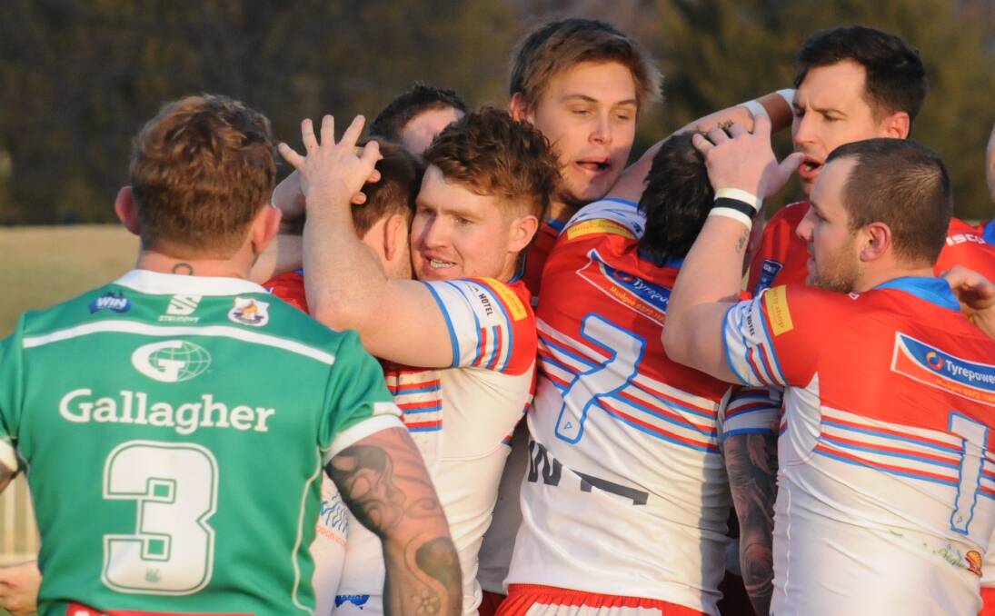 Jack Beasley (left) and his Mudgee teammates only got to celebrate two tries in the game against Dubbo CYMS. Picture by Nick Guthrie