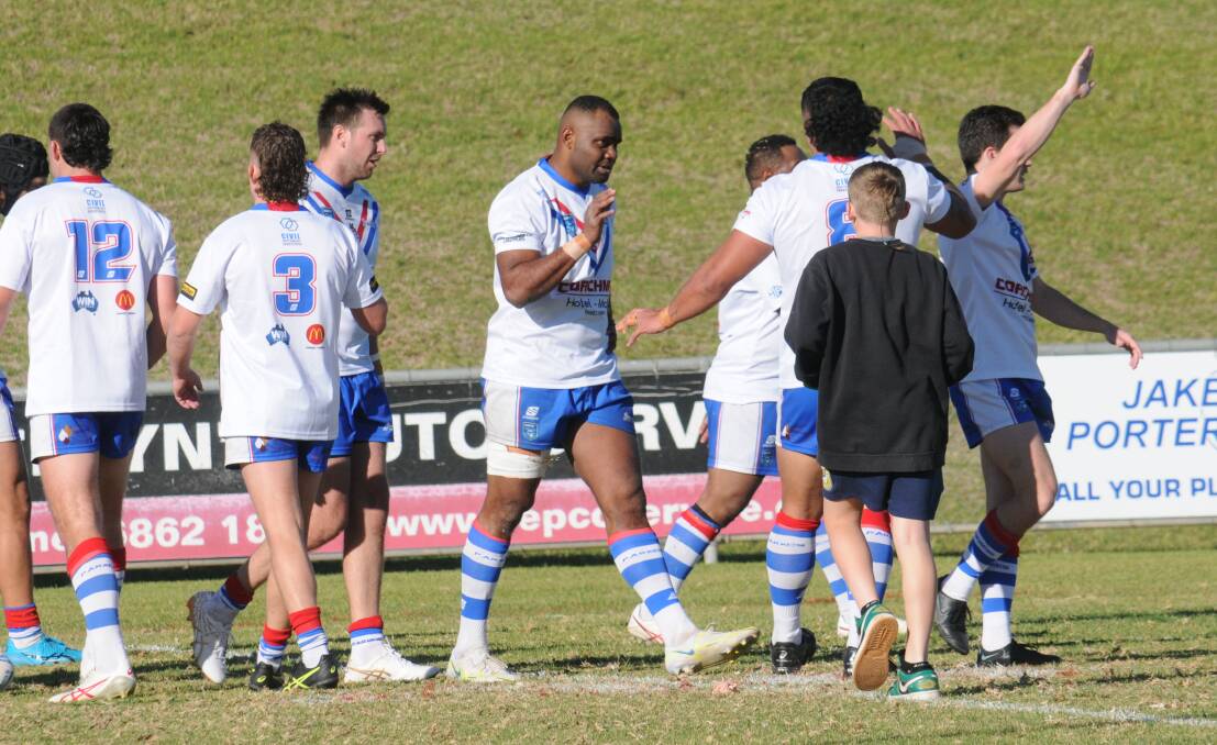 Jim Dabea (centre) was among the try-scorers for the Parkes Spacemen on Sunday. Picture by Nick Guthrie