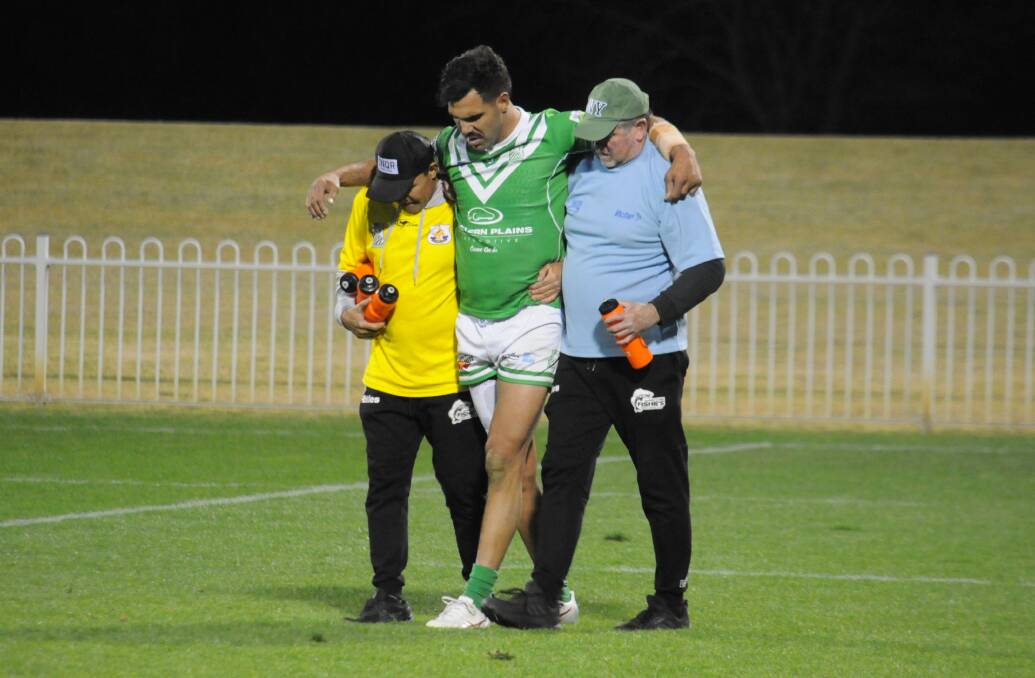 Jeremy Thurston was helped off the field late on during CYMS' win over Mudgee. Picture by Nick Guthrie