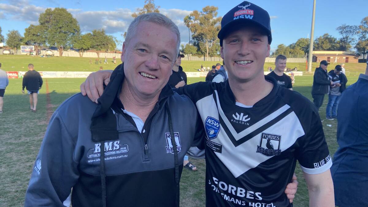 Cameron and Nick Greenhalgh together after Forbes' 2022 Peter McDonald Premiership grand final win. Picture by Nick Guthrie