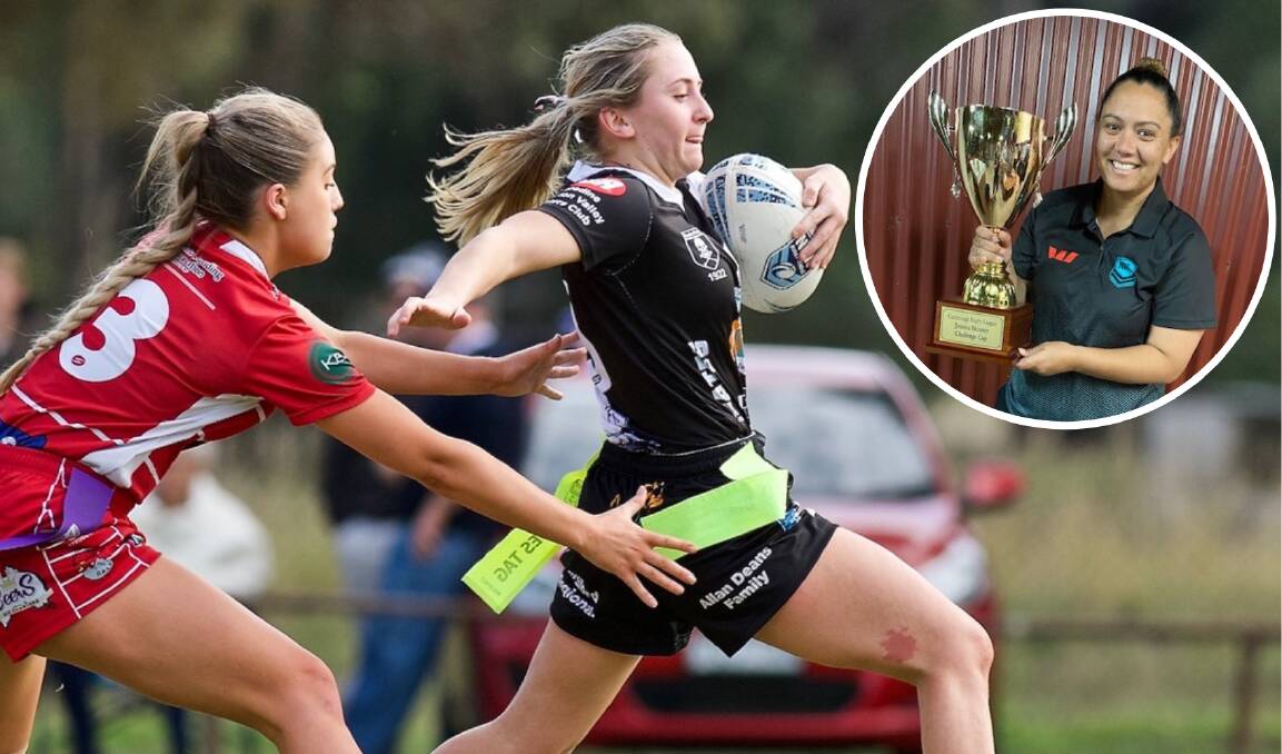 League tag action from the 2022 season and (inset) Jess Skinner with the new trophy named in her honour. Pictures supplied