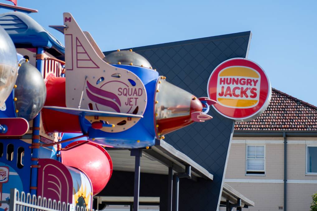 The play equipment at Bathurst's Hungry Jack's outlet, with signage in the background. Picture by James Arrow