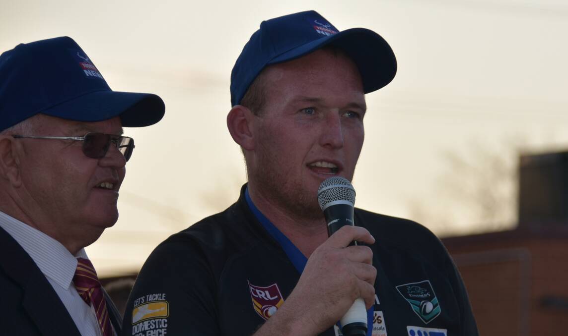 Brent Seager speaks after receiving the Dave Scott Medal for player of the match in the 2018 Group 10 first grade decider. Picture by Peter Guthrie