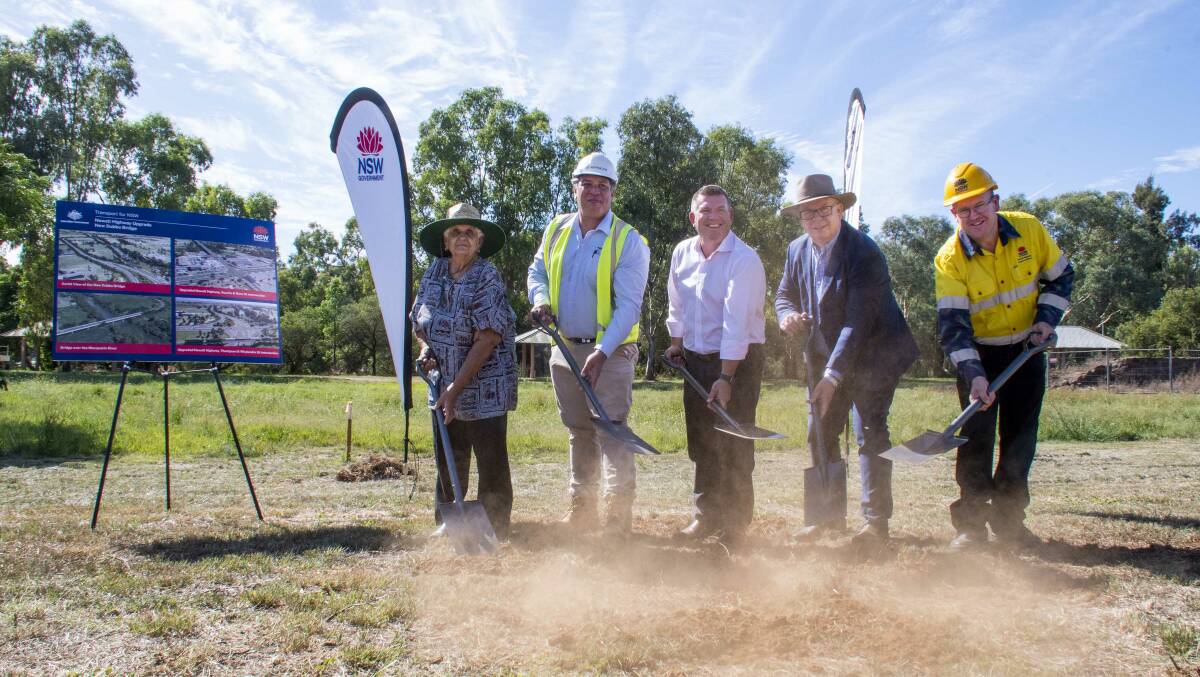 Aunty Narelle Boys,Abergeldie senior project manager Brent Knight and Dubbo MP Dugald Saunders, with Transport for NSW's Alistair Lunn and senior project manager Craig Whiteman at the start of the project's construction. Picture by Belinda Soole