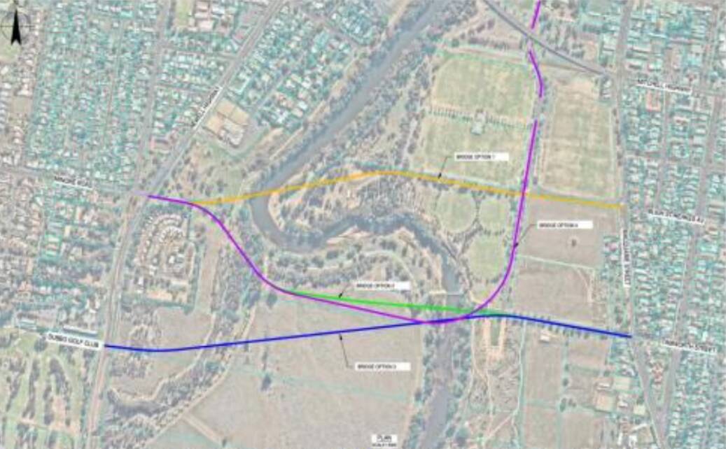 The four proposed routes for the Dubbo South New Bridge.