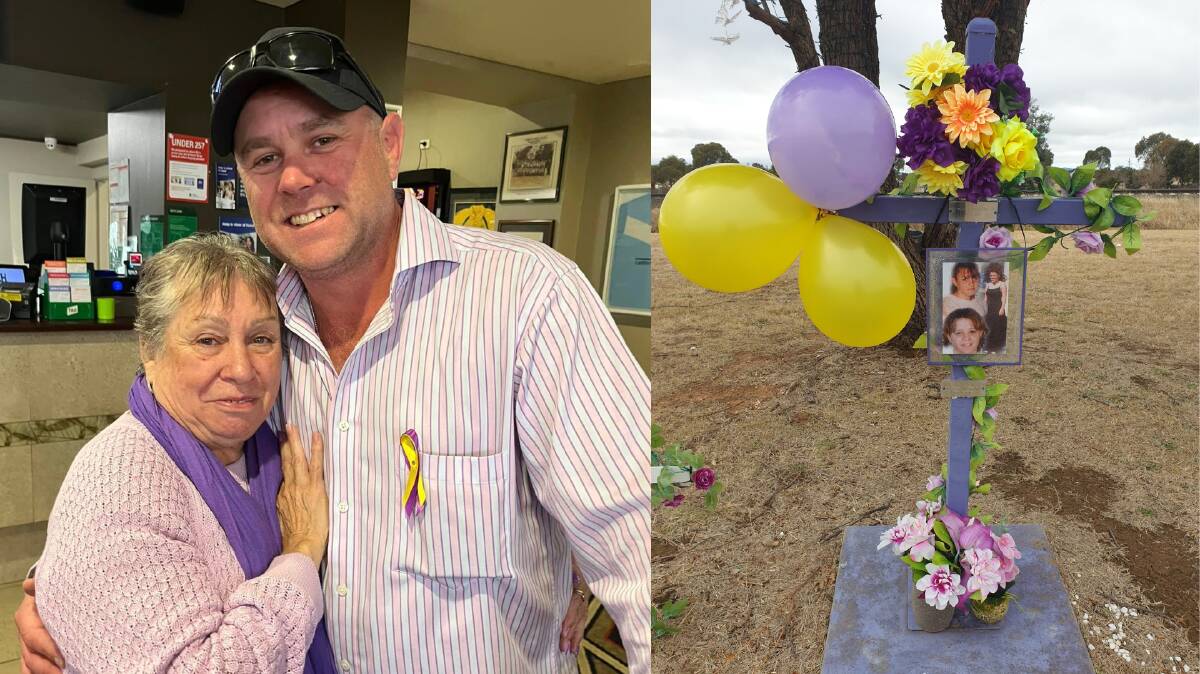 Lorraine Bright with friend Greg Hackney in Gulgong last week and (right) a memorial for Michelle in Gulgong. Pictures supplied